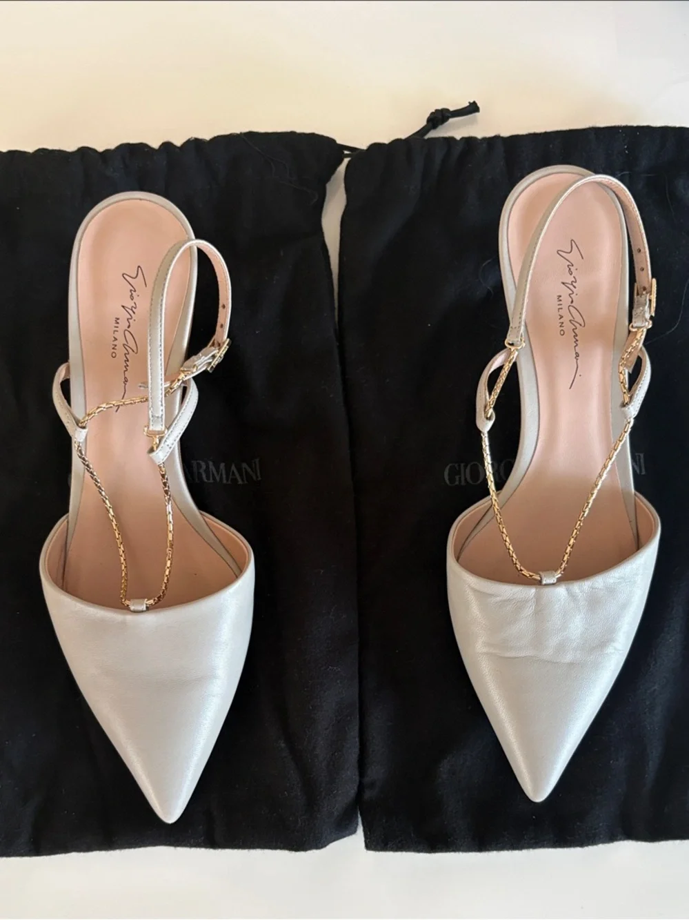 Giorgio Armani Metallic Silver Pointed Slingback Sandals, Size 38
